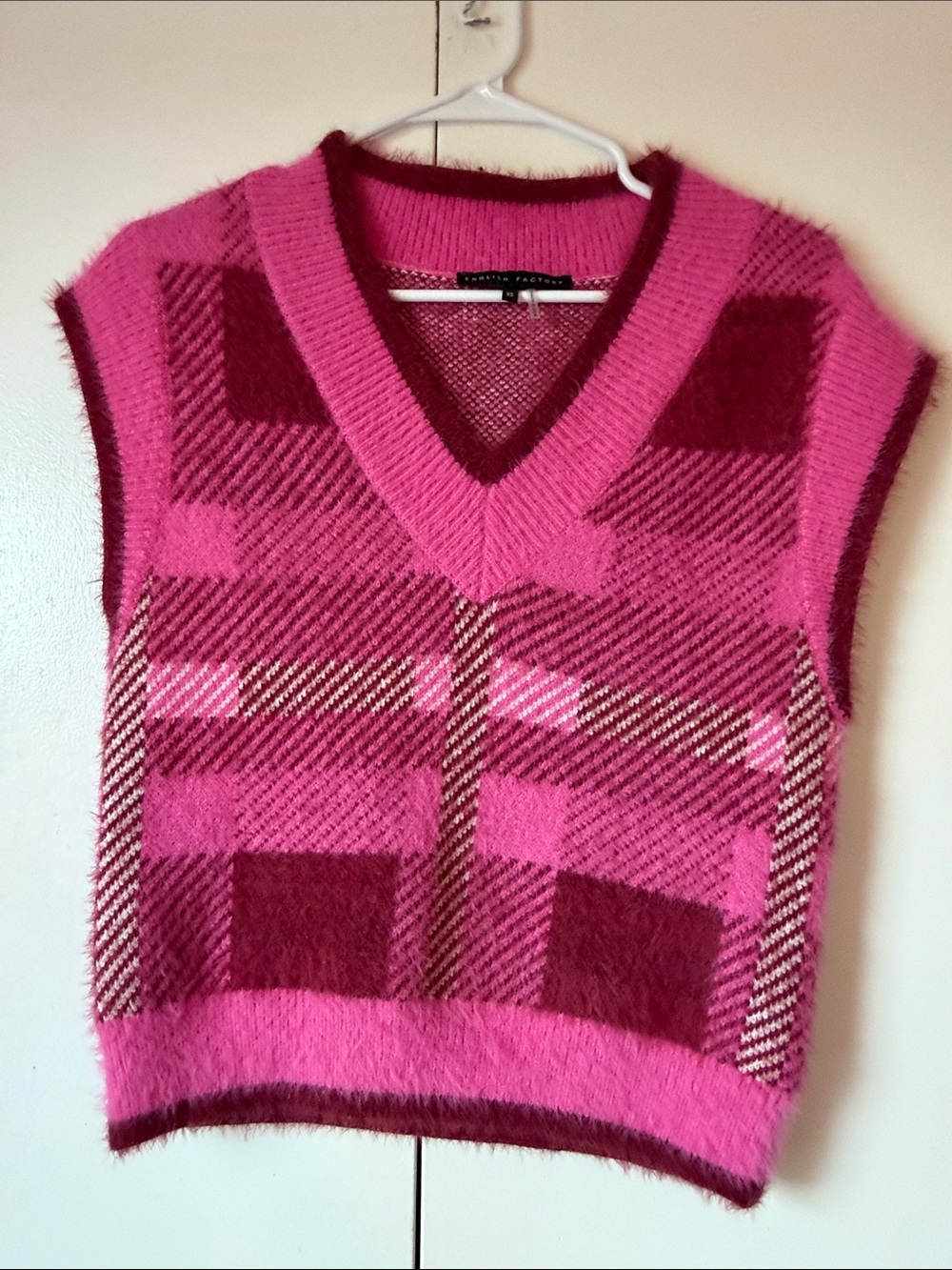 English Factory Pink and Burgundy Plaid V-Neck Sweater Vest